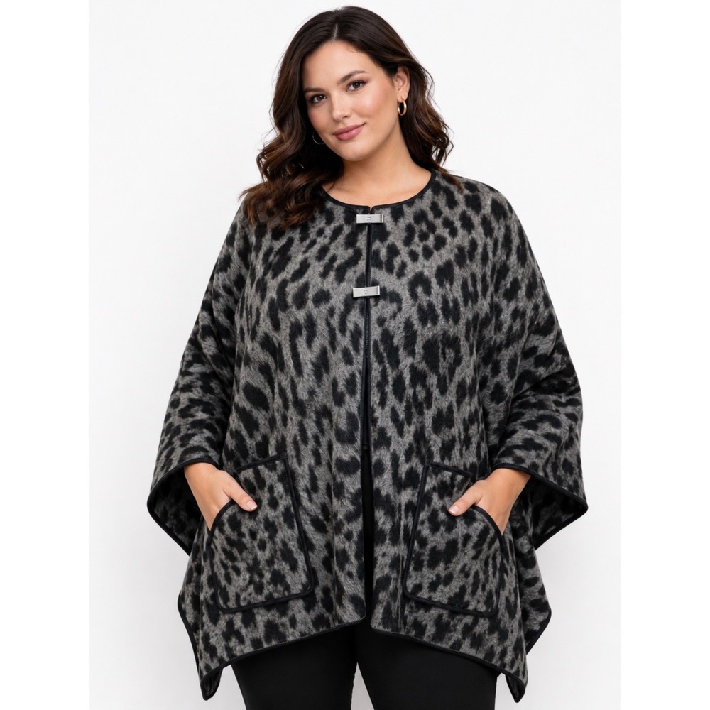 Rafaella Leopard Printā Cape Poncho 1X Gray Black Toggle Front Cozy Fall Layer